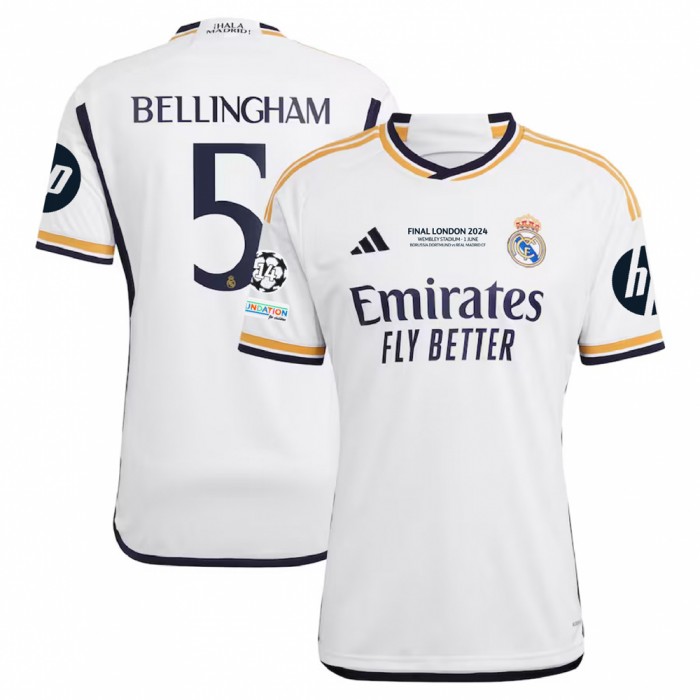 Real Madrid 2023/24 Home Shirt With Bellingham 5 + UCL Starball 14 + HP + Final London 2024 MDT 