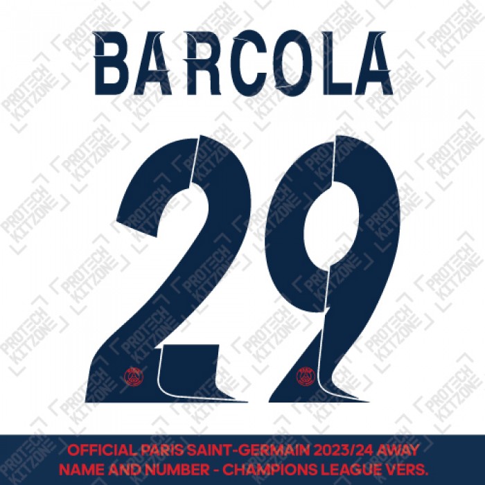 Barcola 29 - Official Paris Saint-Germain 2023/24 Away Name and Number (Champions League Version) 
