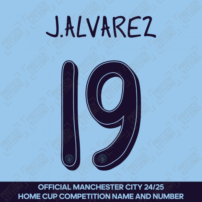 J. Alvarez 19 (Official Cup Competition Name and Number Printing for Manchester City 2024/25 Home Shirt)