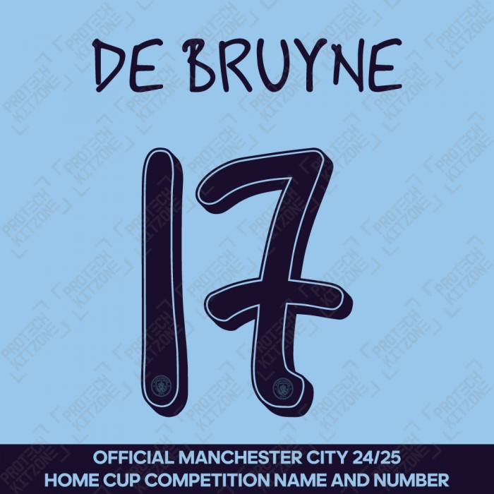 De Bruyne 17 (Official Cup Competition Name and Number Printing for Manchester City 2024/25 Home Shirt)