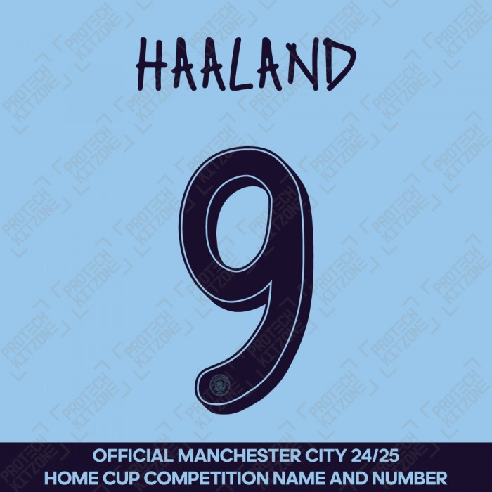 Haaland 9 (Official Cup Competition Name and Number Printing for Manchester City 2024/25 Home Shirt)